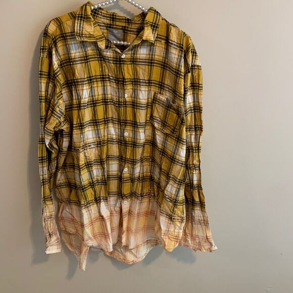 southern bliss company Tops - Southern Bliss Yellow Plaid Bleached Dip-Dye Flannel XXXL